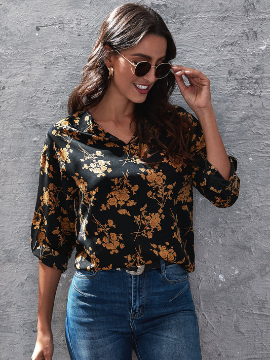 Floral Print Roll Up Sleeve Top