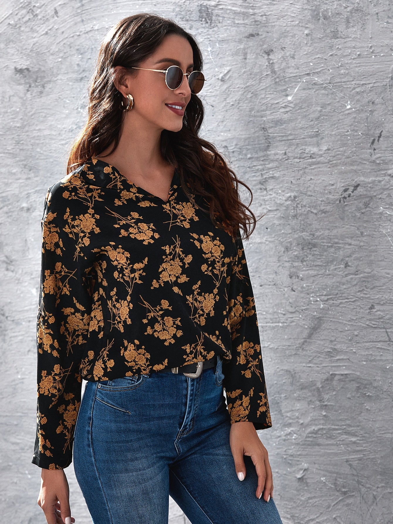 Floral Print Roll Up Sleeve Top