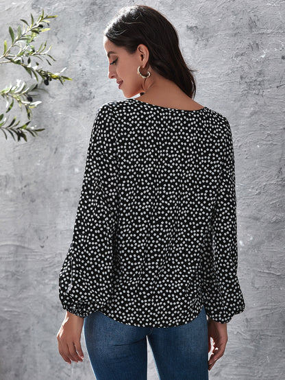 Tie Neck Lantern Sleeve Ditsy Floral Top
