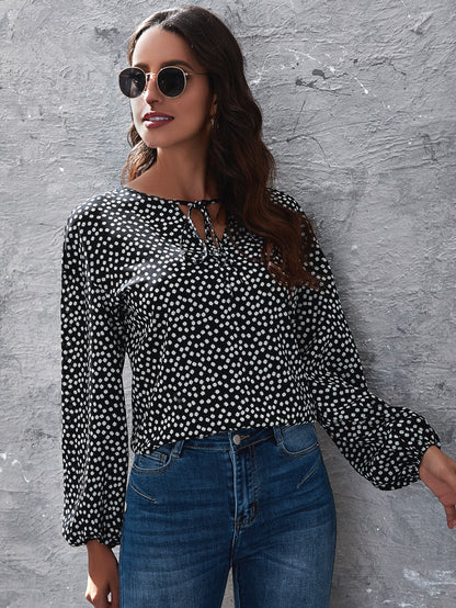 Tie Neck Lantern Sleeve Ditsy Floral Top