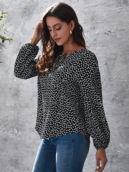 Tie Neck Lantern Sleeve Ditsy Floral Top