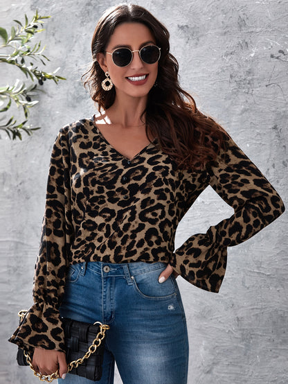 Button Front Flounce Sleeve Leopard Top