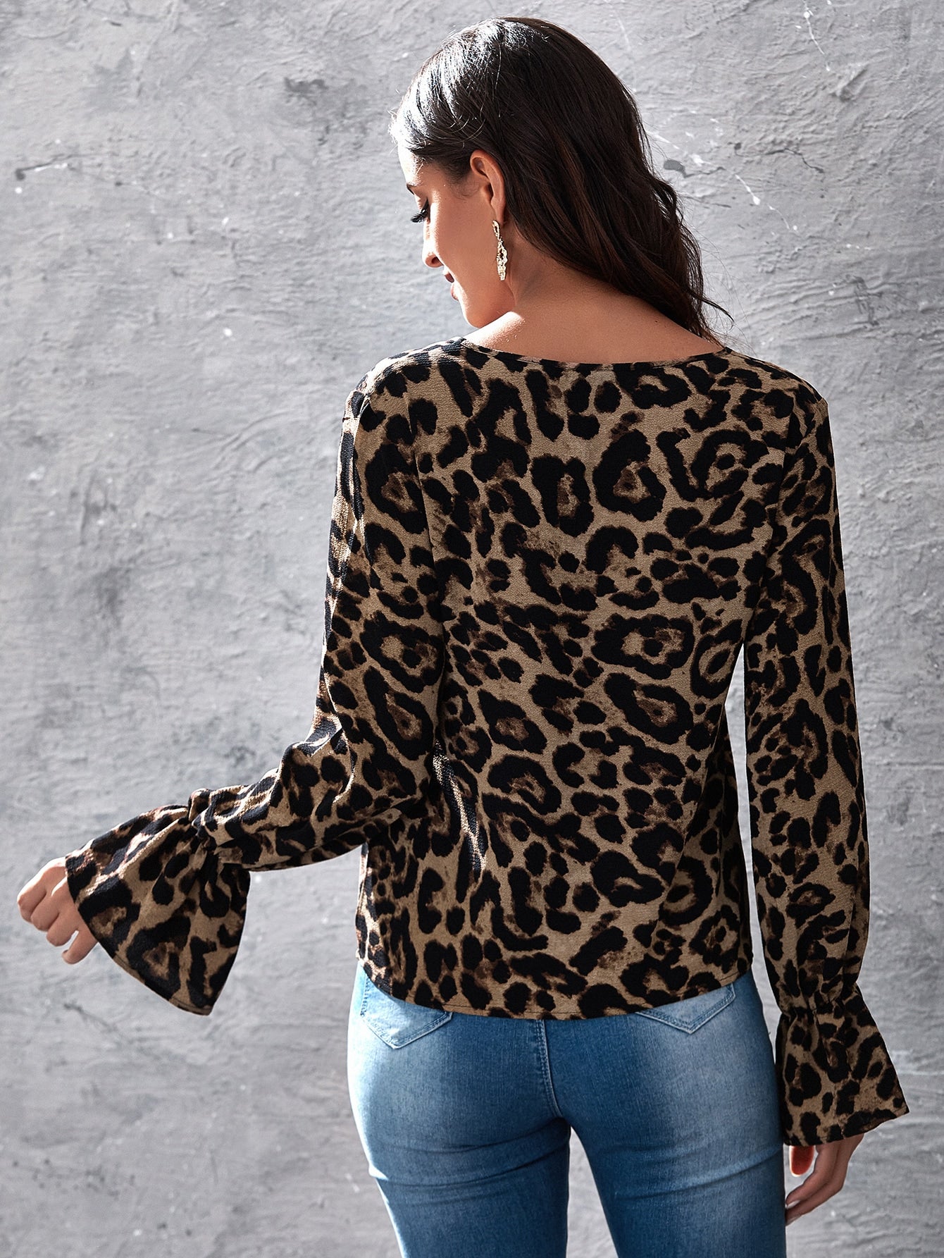 Button Front Flounce Sleeve Leopard Top