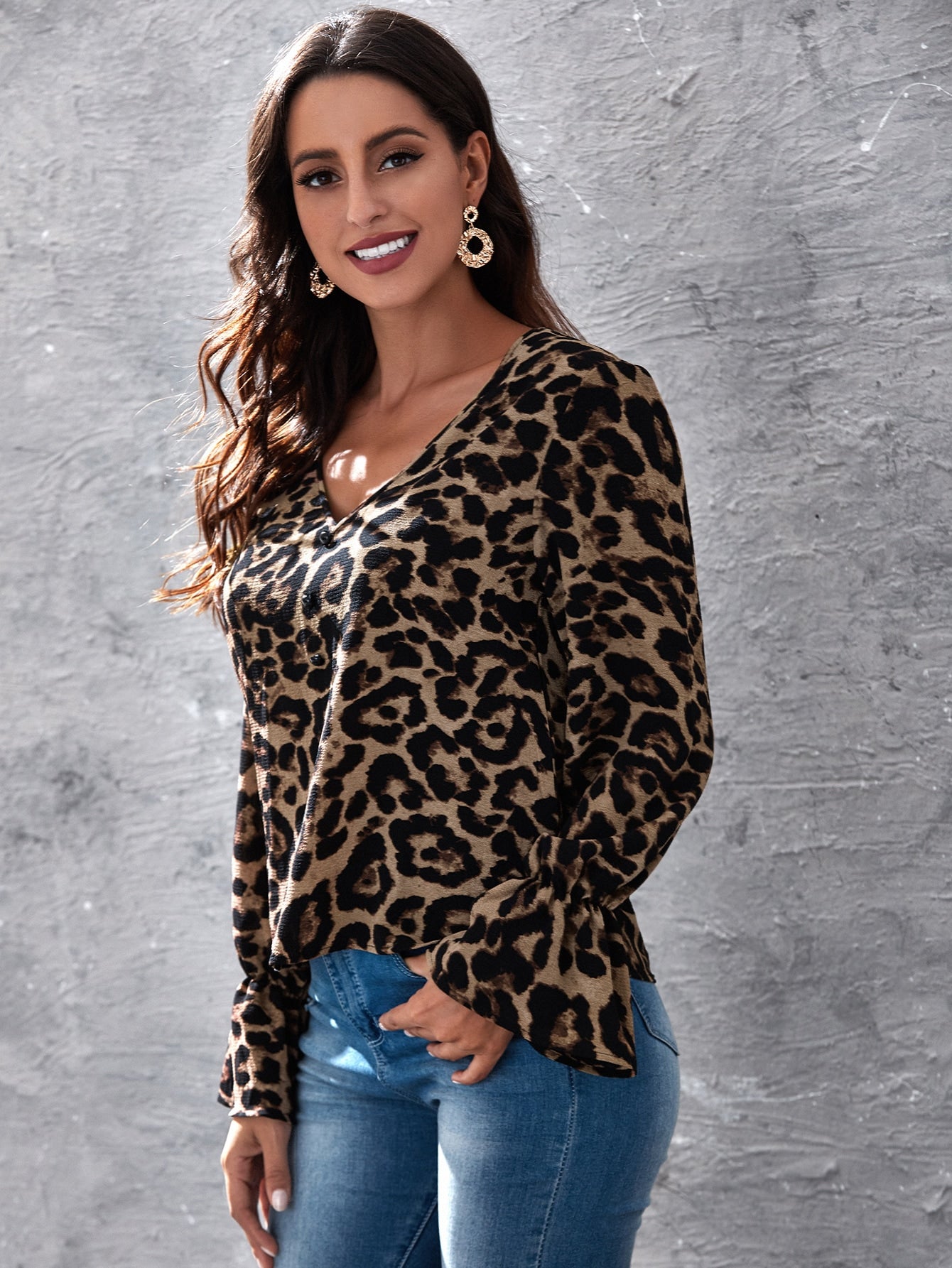 Button Front Flounce Sleeve Leopard Top