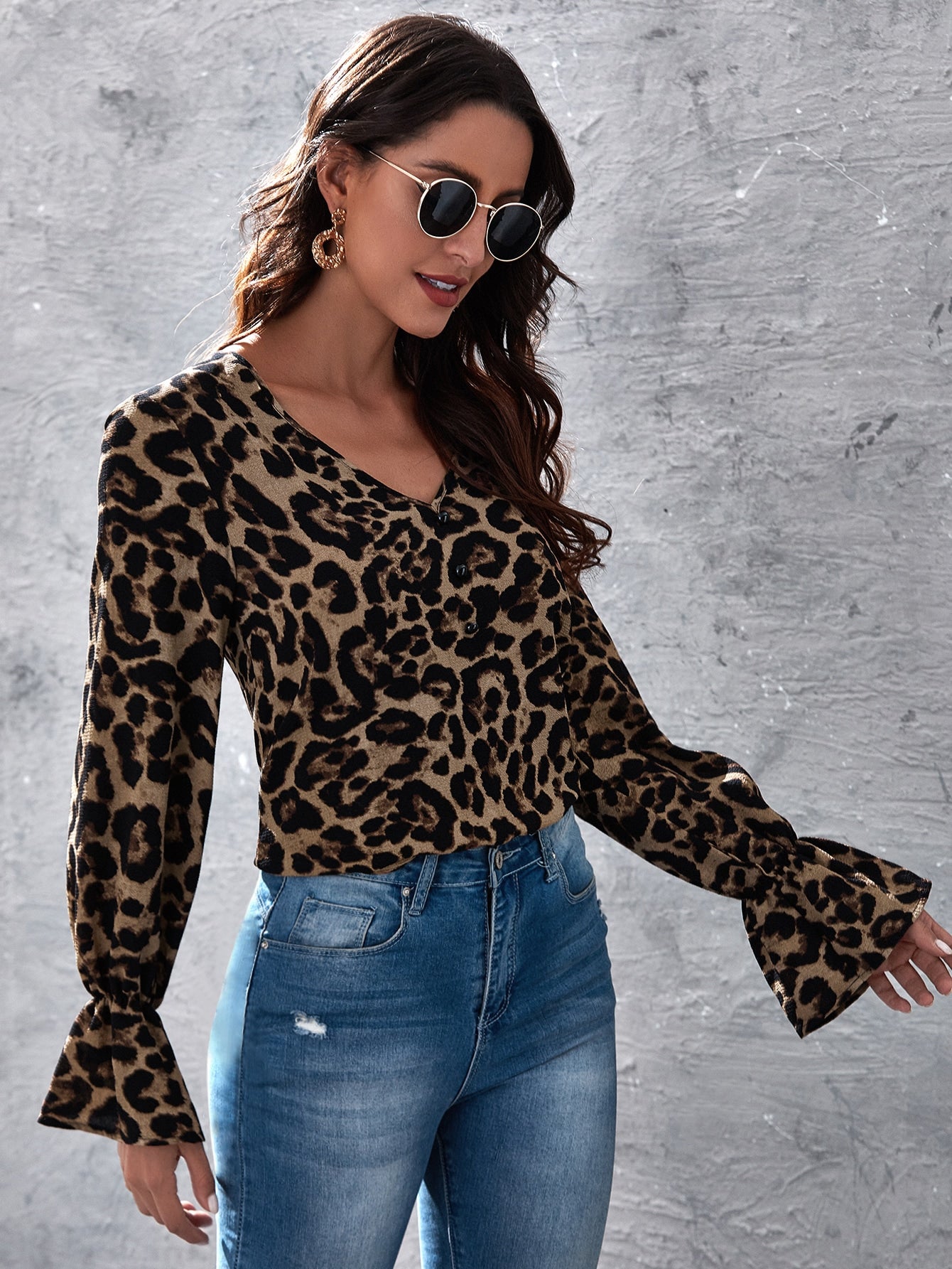 Button Front Flounce Sleeve Leopard Top