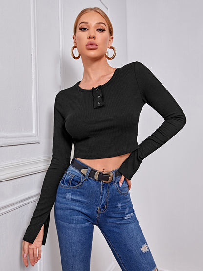 Notch Neck Rib-knit Crop Tee