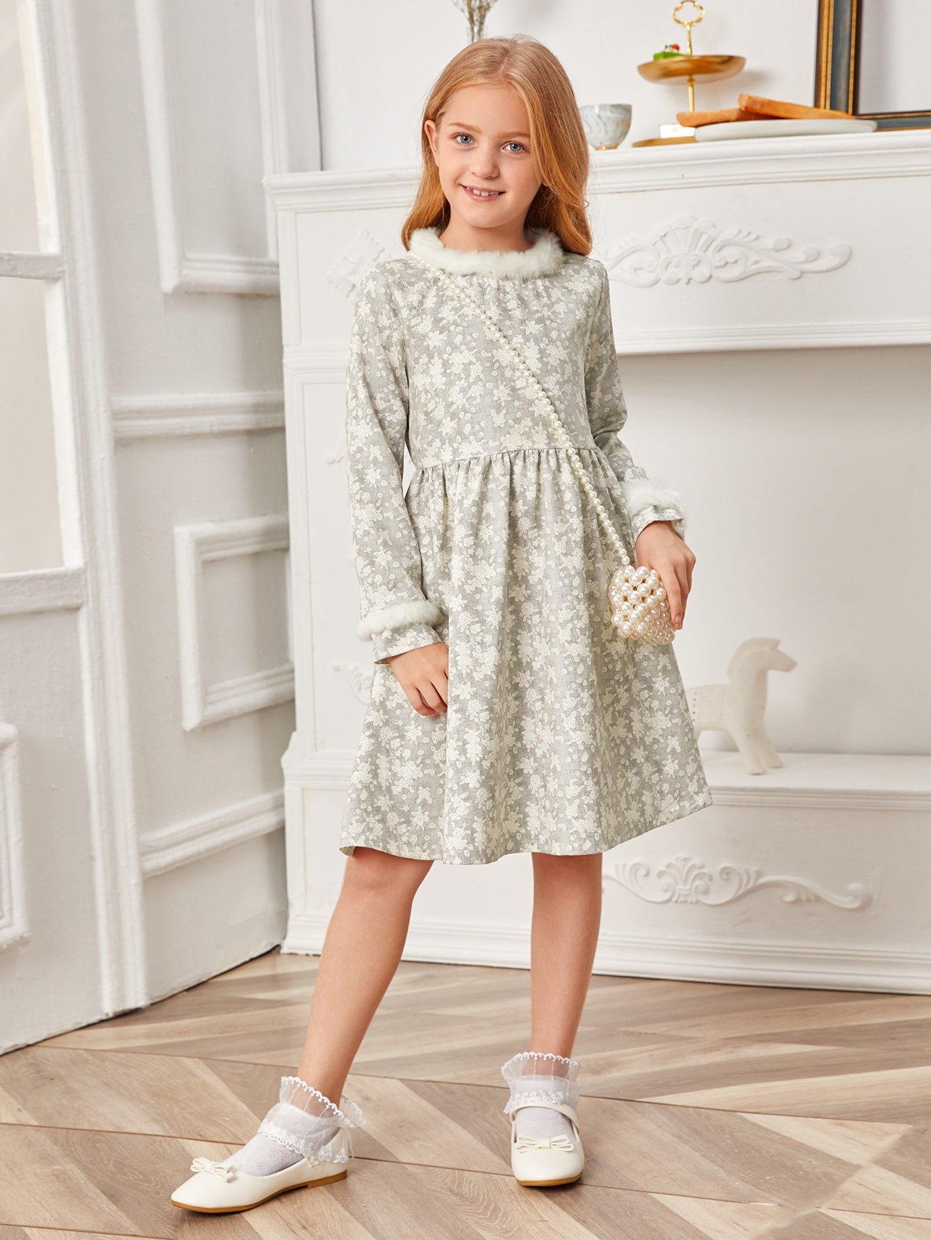 Girls Contrast Faux Fur Detail Ditsy Floral Dress