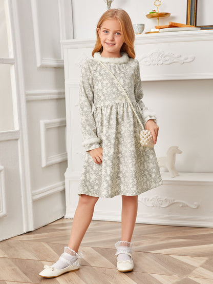 Girls Contrast Faux Fur Detail Ditsy Floral Dress