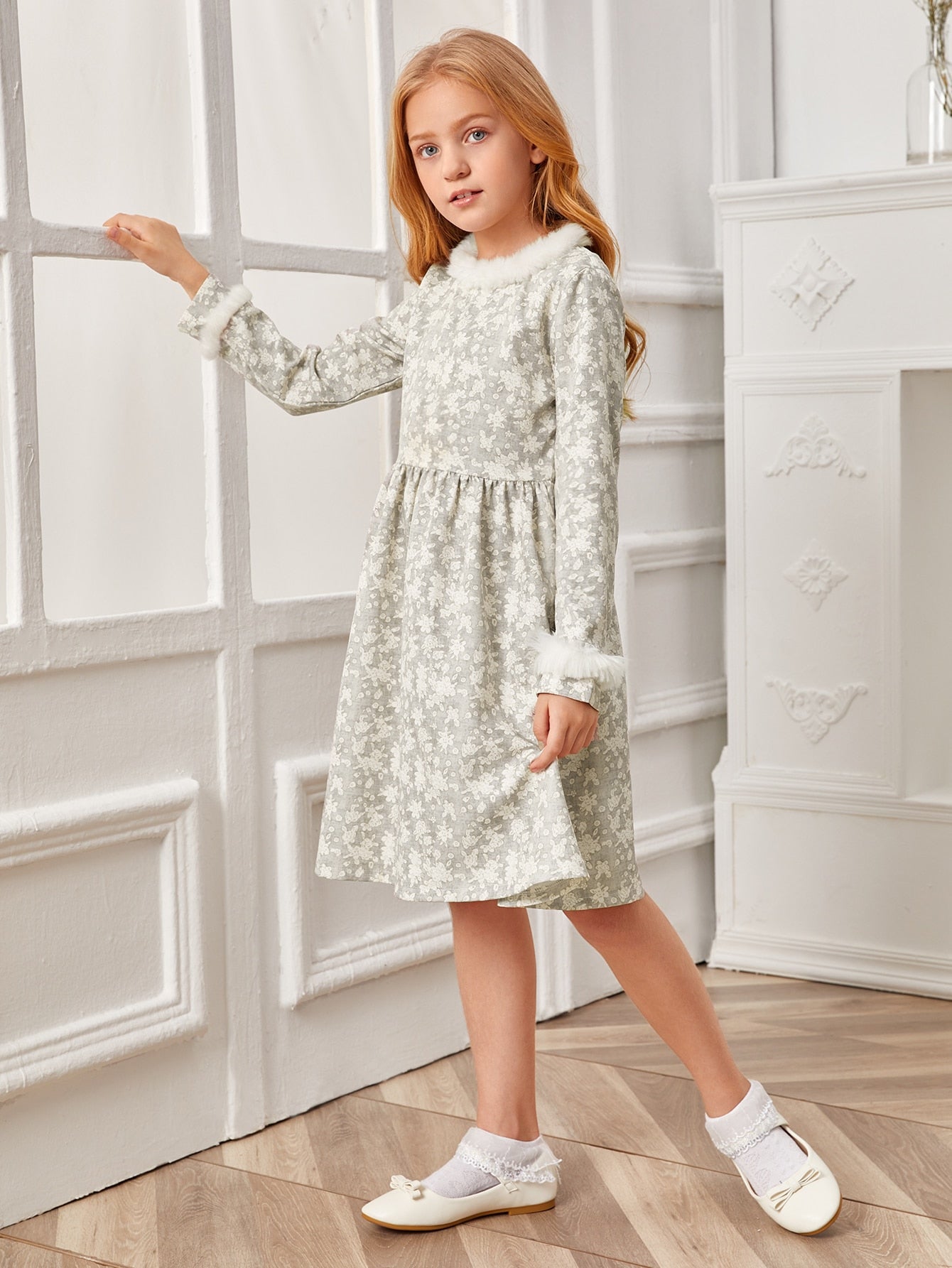 Girls Contrast Faux Fur Detail Ditsy Floral Dress