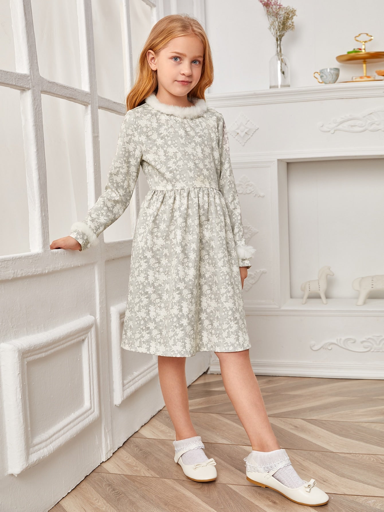 Girls Contrast Faux Fur Detail Ditsy Floral Dress