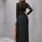 Mock Neck Lace Bodice Split Thigh Maxi Dress Without Bra