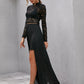Mock Neck Lace Bodice Split Thigh Maxi Dress Without Bra