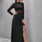 Mock Neck Lace Bodice Split Thigh Maxi Dress Without Bra