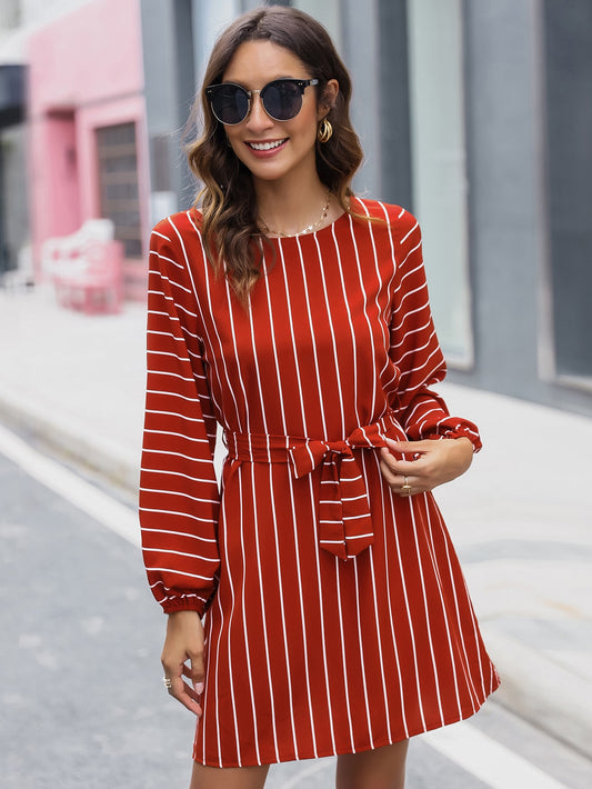 Self Belted Pinstripe Shift Dress
