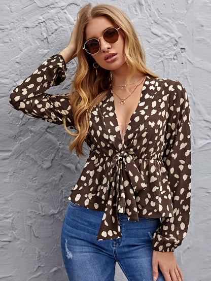 Tie Front All Over Print Peplum Top