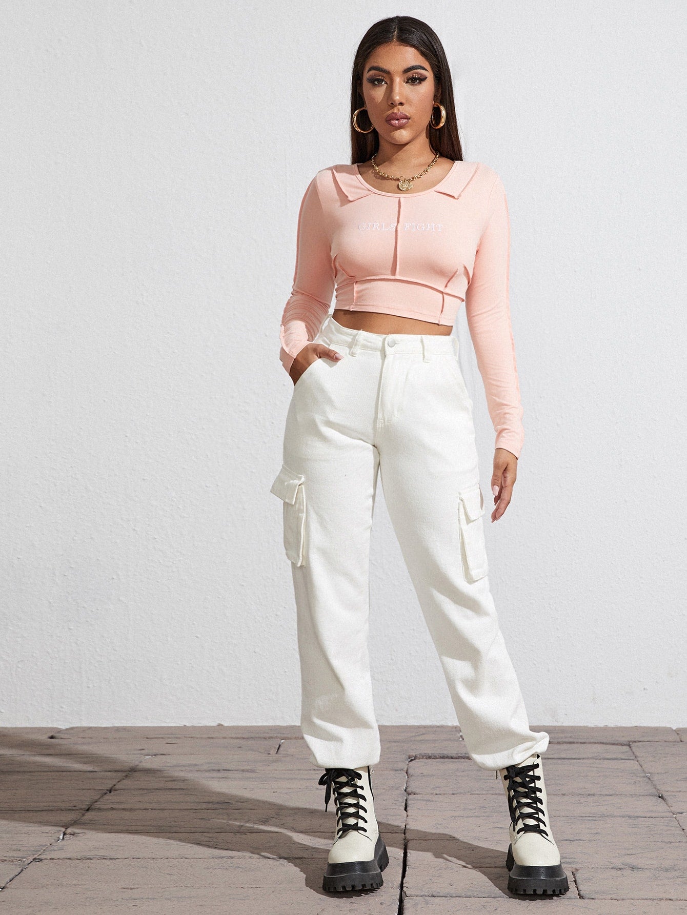 Letter Embroidered Seam Front Crop Tee