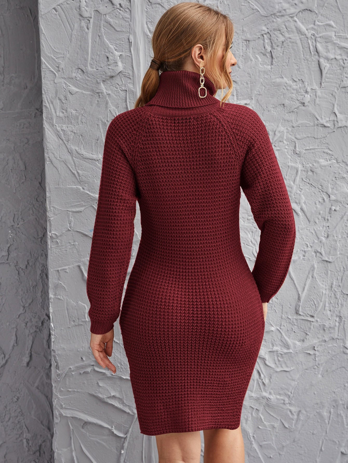 Rolled Neck Raglan Sleeve Split Side Sweater Dress