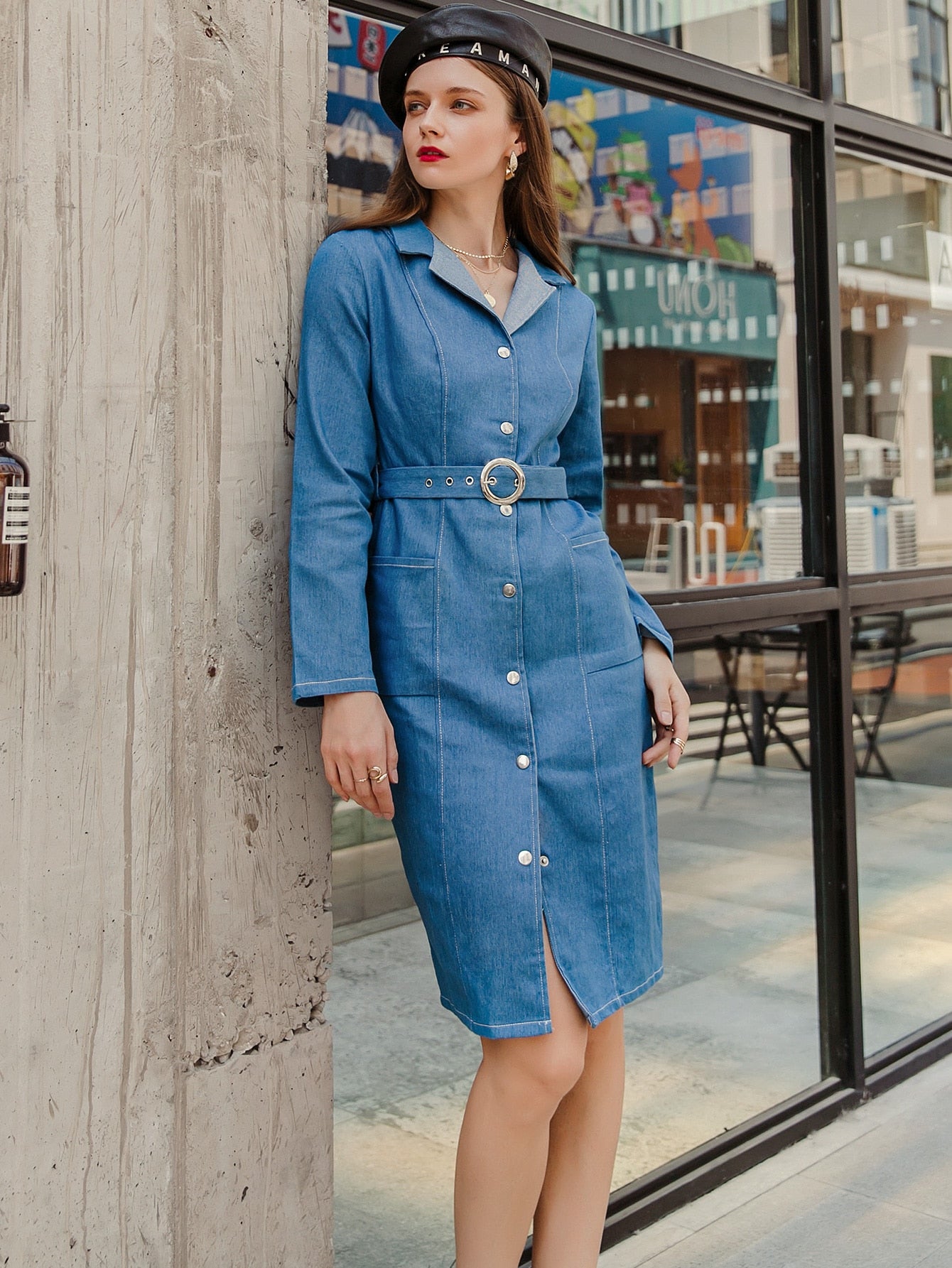 Button Front O-ring Buckle Belted Denim Dress