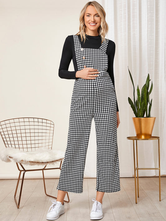 Maternity Button Front Houndstooth Overalls