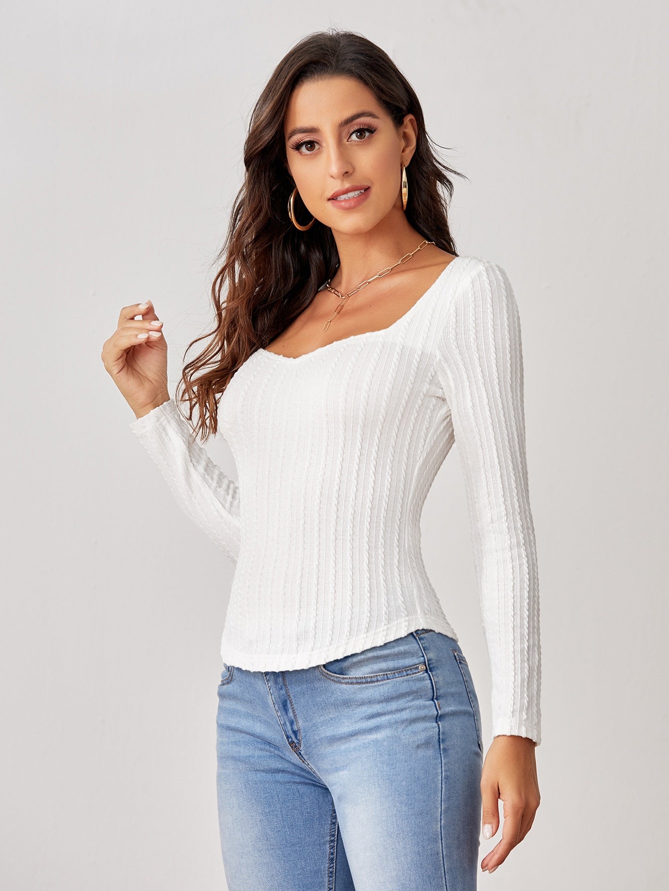 Sweetheart Neck Textured Form Fitted Tee