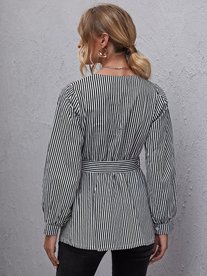 Surplice Neck Buckle Belted Striped Peplum Top