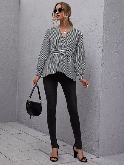 Surplice Neck Buckle Belted Striped Peplum Top