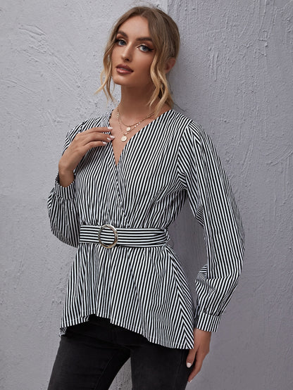 Surplice Neck Buckle Belted Striped Peplum Top