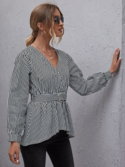 Surplice Neck Buckle Belted Striped Peplum Top
