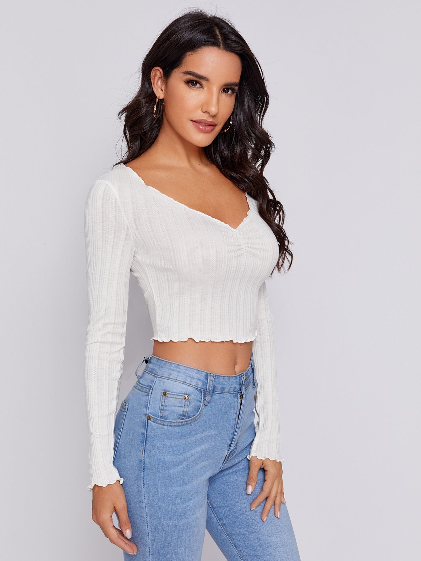 Ruched Front Lettuce Trim Crop Tee