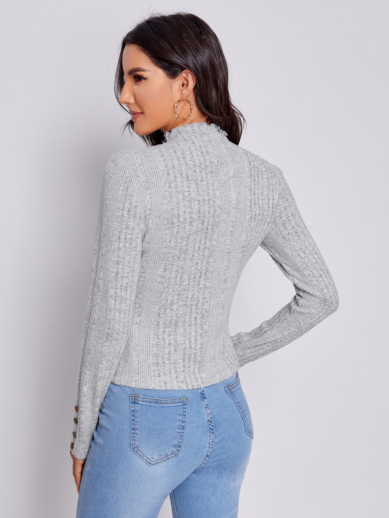 Lettuce Trim Neck Buttoned Front Rib-knit Top