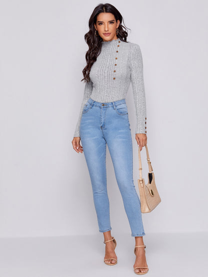 Lettuce Trim Neck Buttoned Front Rib-knit Top