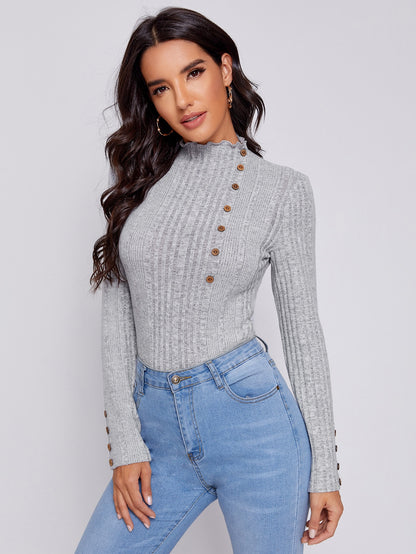 Lettuce Trim Neck Buttoned Front Rib-knit Top