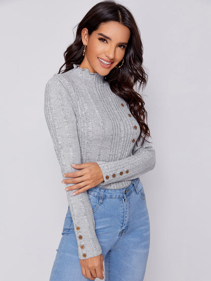 Lettuce Trim Neck Buttoned Front Rib-knit Top