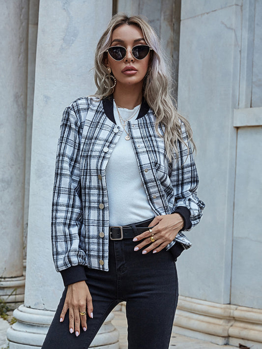Snap Button Front Plaid Bomber Jacket
