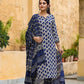 Women's Cotton Blend Floral Block Printed Straight Kurta Pant with Dupatta Set