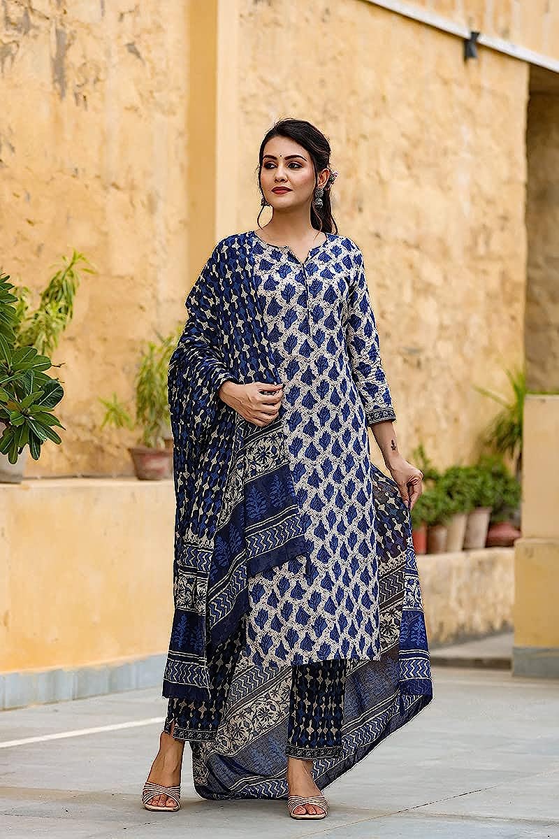 Women's Cotton Blend Floral Block Printed Straight Kurta Pant with Dupatta Set