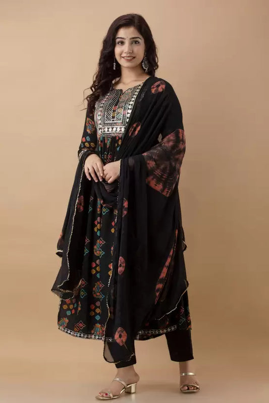 Black Cotton Rayon Embroidered Nyra-Cut Kurta set