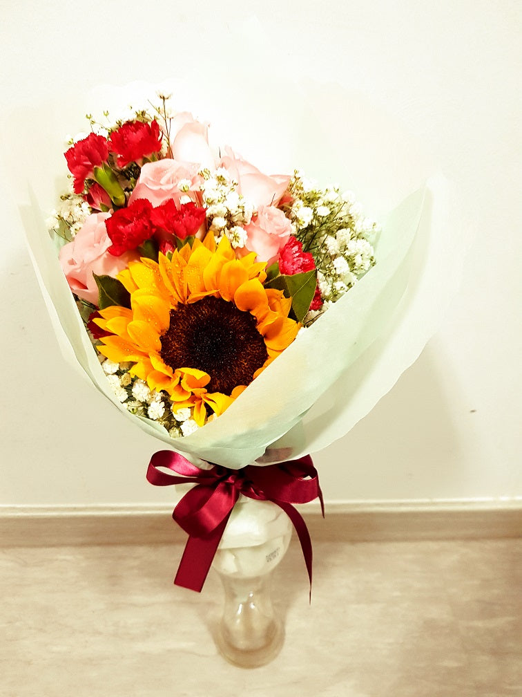 BHAVEESHA - THE SUNFLOWER, CARNATION & ROSE FLOWER BOUQUET | Amy's Cart Singapore