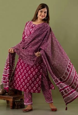 Women Wine Color Cotton Kurta set with Dupatta
