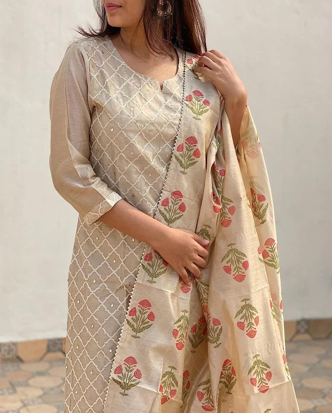 Women's Cotton Blend Embroidered Straight Kurta with Pant & Dupatta