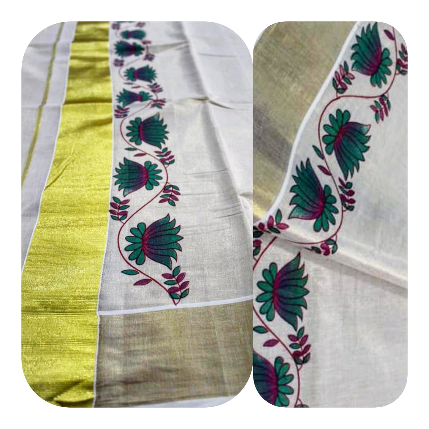 Tissue Silk Kerala Kasavu Saree Green Lotus Print | Amy's Cart Singapore