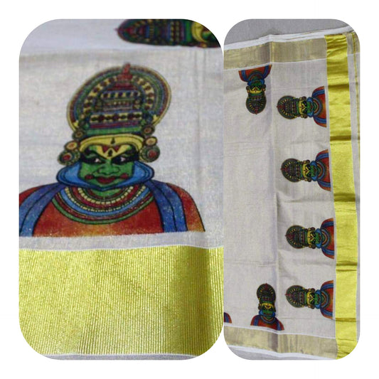 Tissue Silk Kerala Kasavu Saree Kathakali Print. | Amy's Cart Singapore