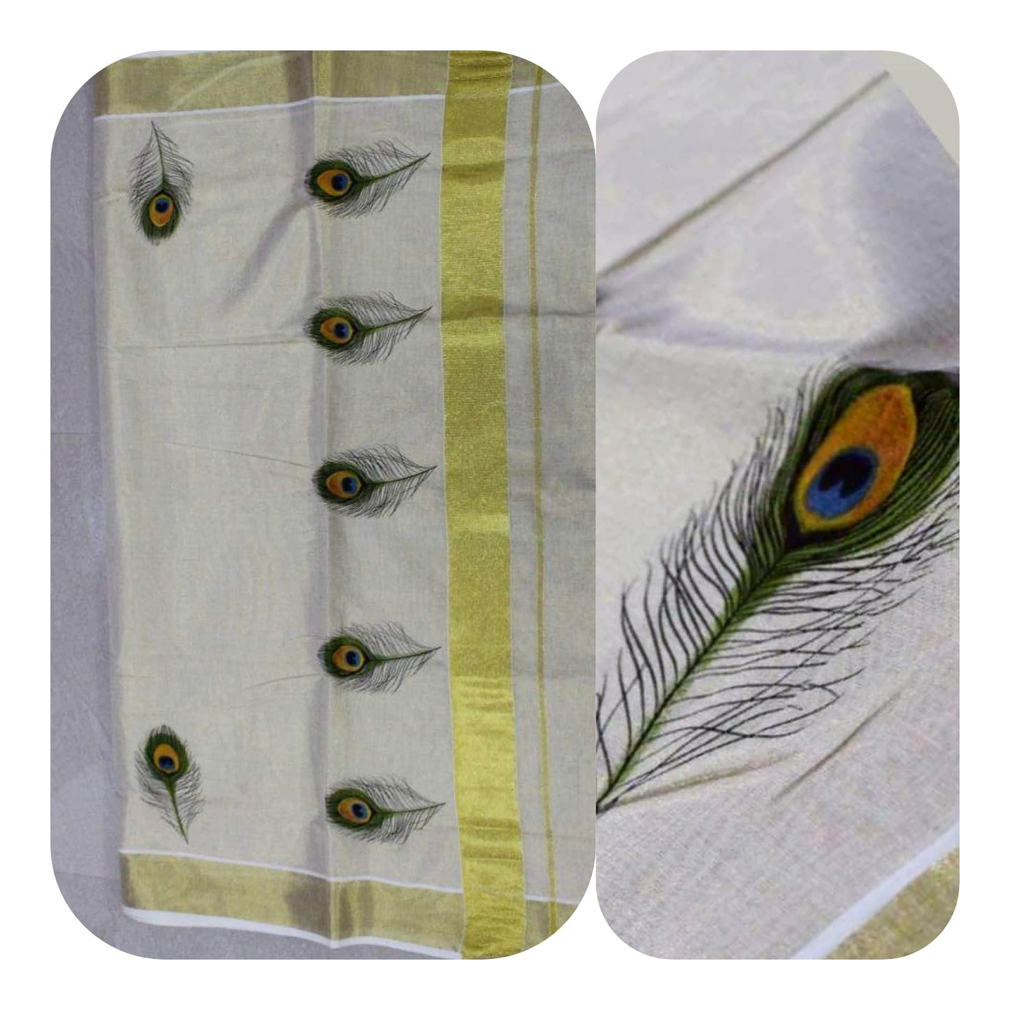 Tissue Silk Kerala Kasavu Saree Peacock Feather Print. | Amy's Cart Singapore