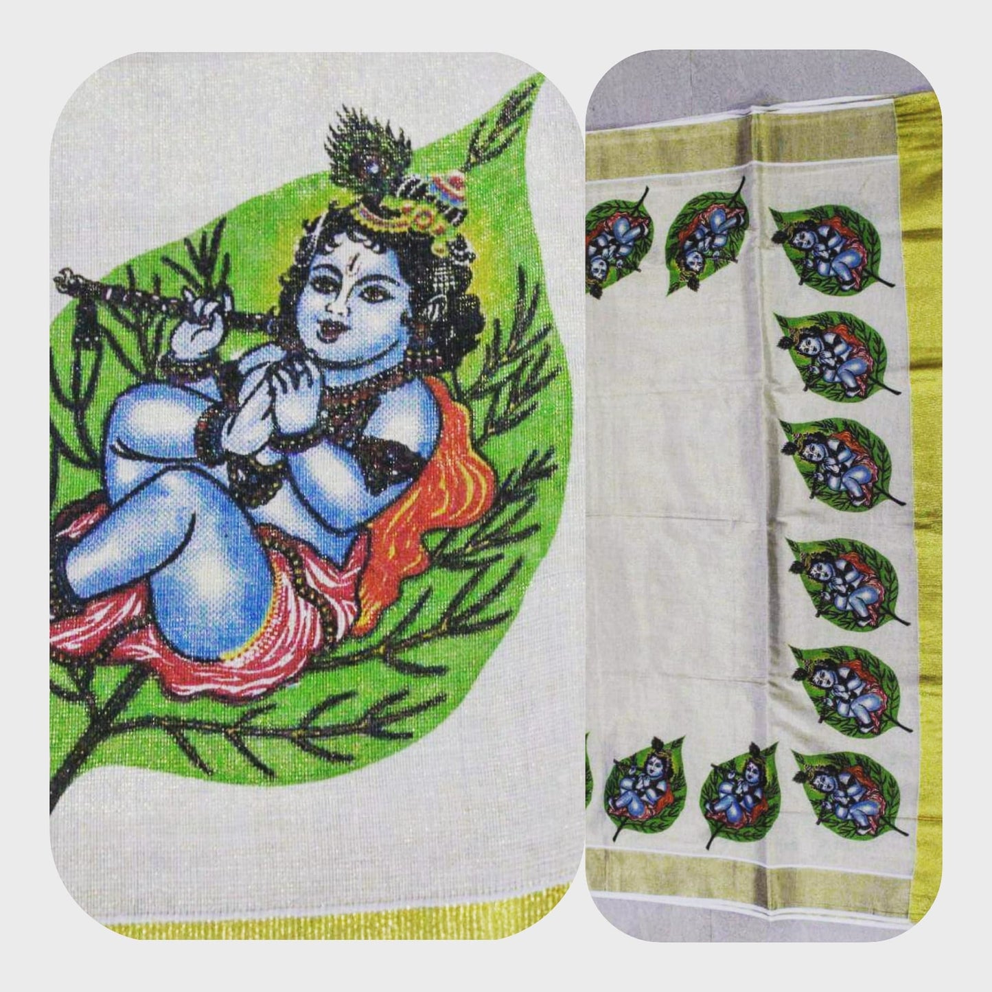 Tissue Silk Kerala Kasavu Saree Krishna on Leaf Print | Amy's Cart Singapore