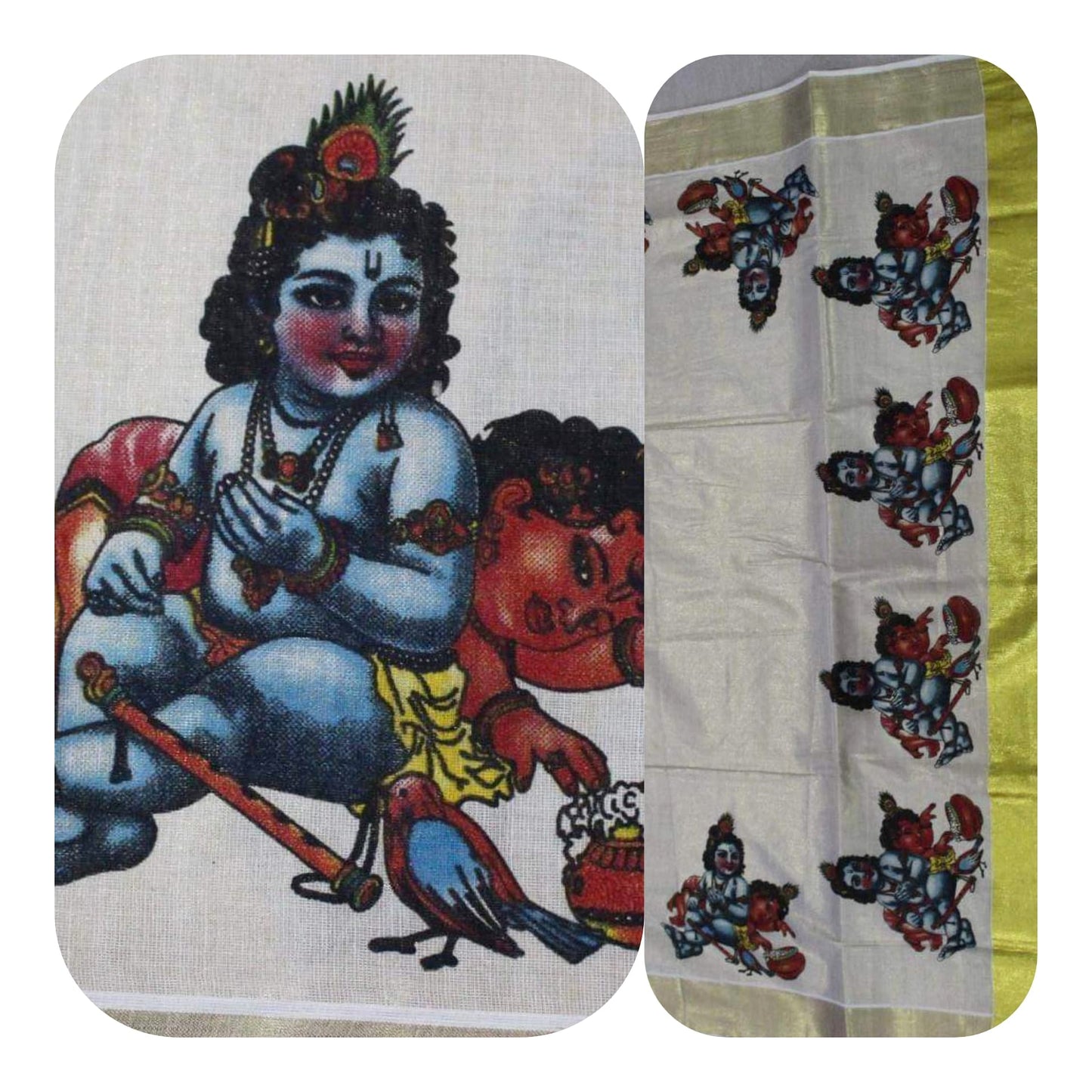 Tissue Silk Kerala Kasavu Saree Baby Krishna Print | Amy's Cart Singapore