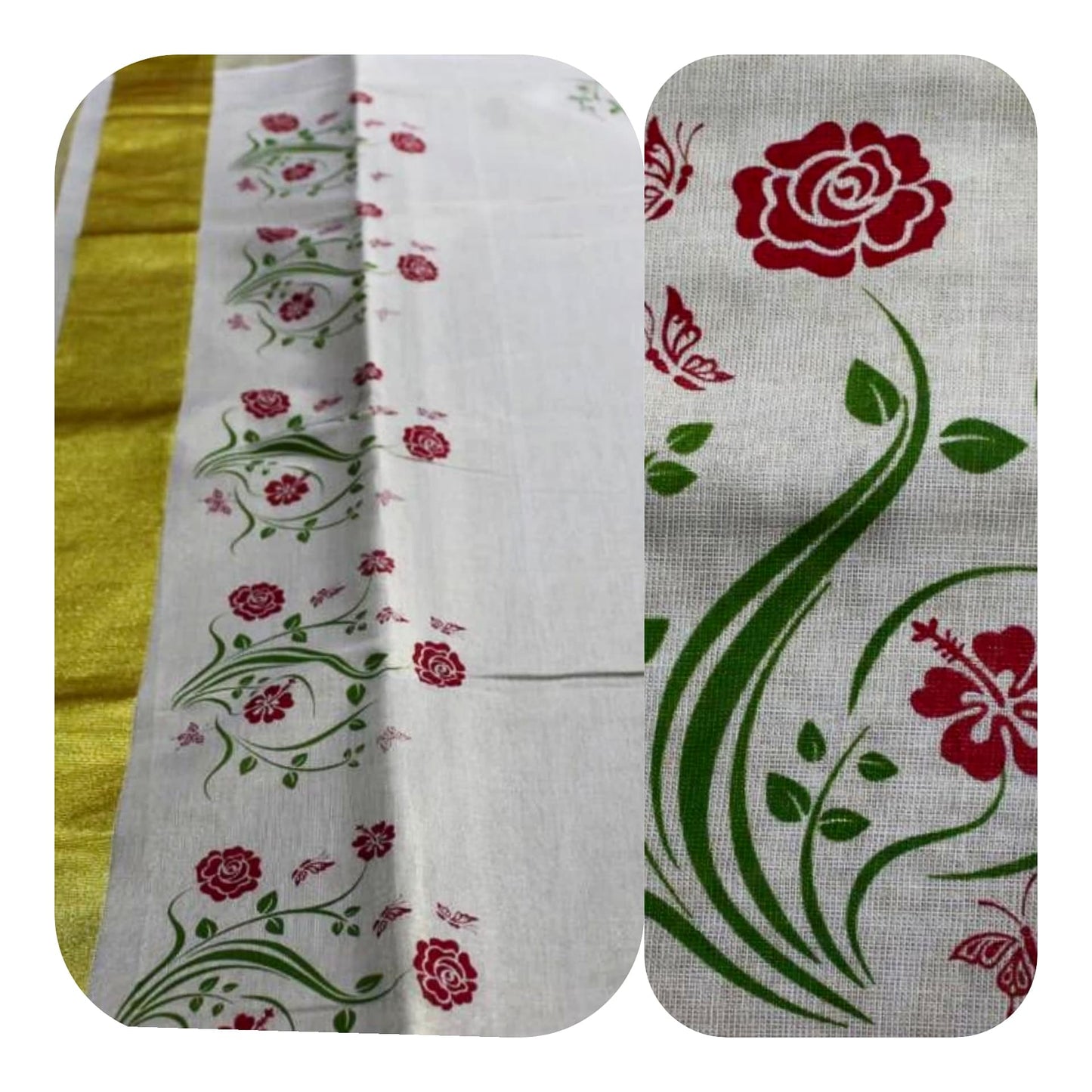 Tissue Silk Kerala Kasavu Saree Flower Print | Amy's Cart Singapore