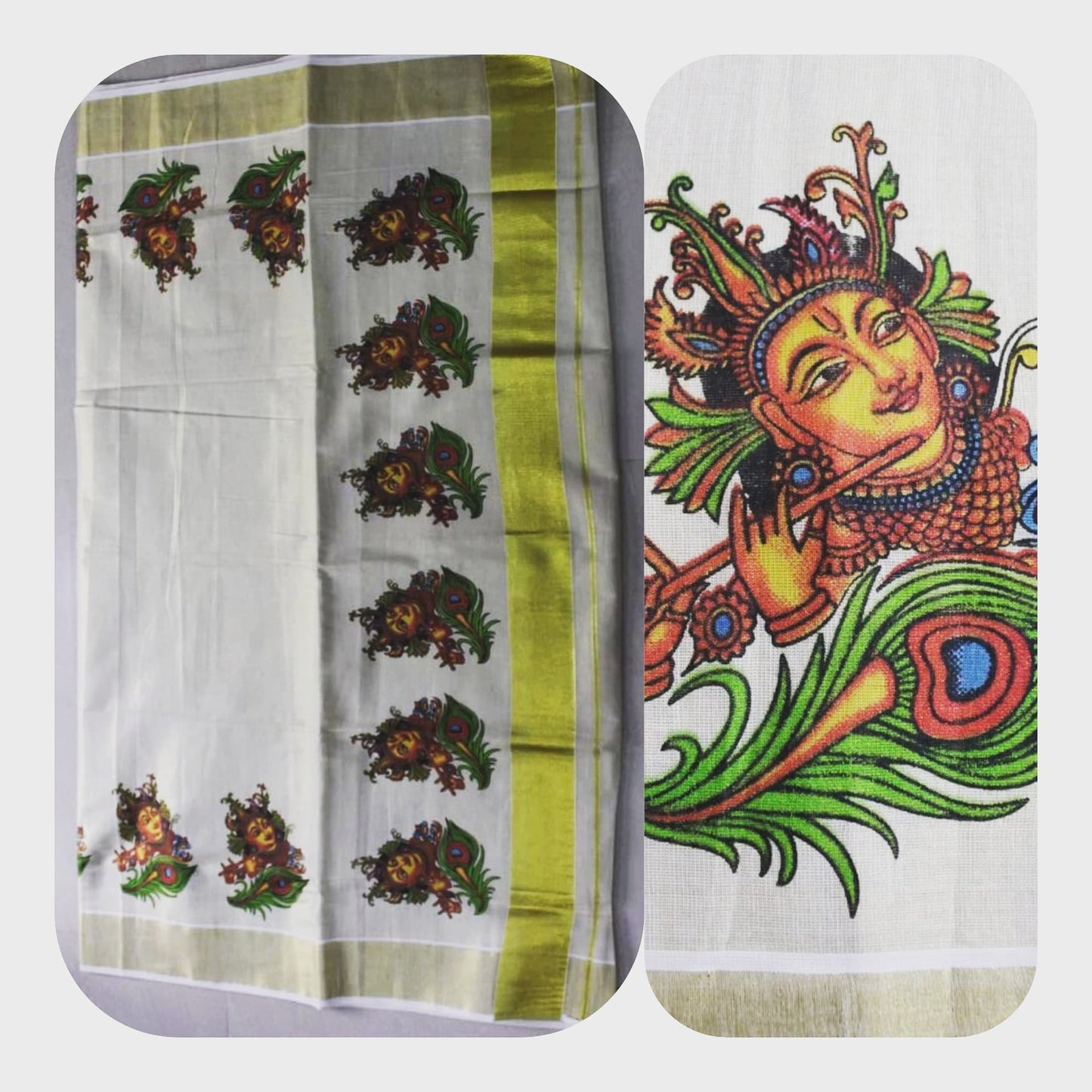 Tissue Silk Kerala Kasavu Saree Krishna Print | Amy's Cart Singapore