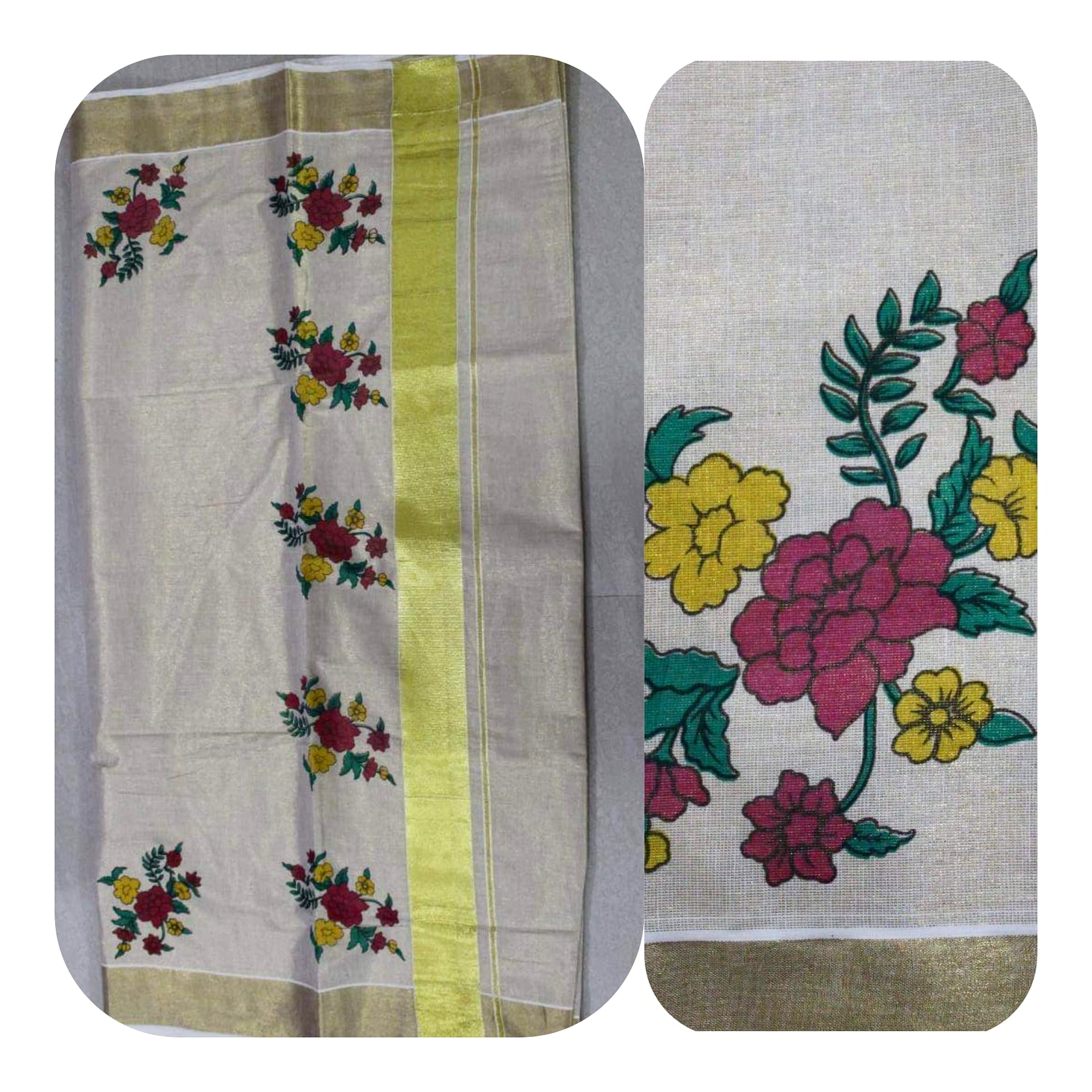 Tissue Silk Kerala Kasavu Saree Colorful Flowers Print. | Amy's Cart Singapore