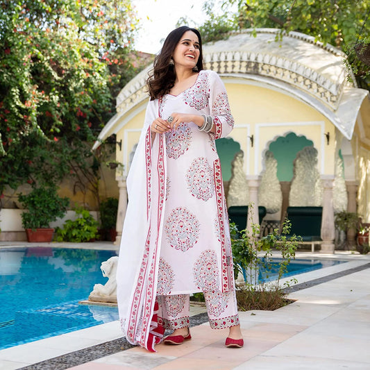 Women White Floral Printed Straight Viscose Cotton Kurta with Pant & Dupatta Set