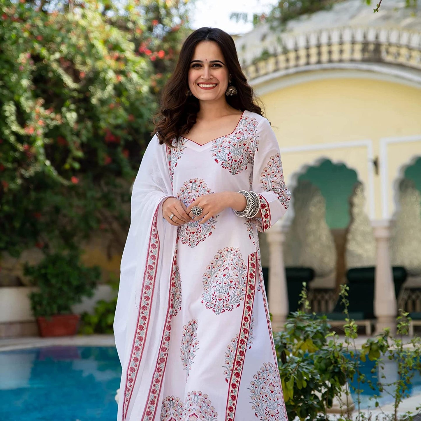 Women White Floral Printed Straight Viscose Cotton Kurta with Pant & Dupatta Set